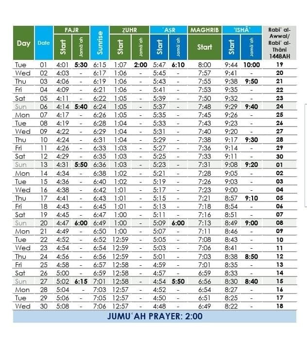Timetable published by Anwar E Madina Sti for September 2026