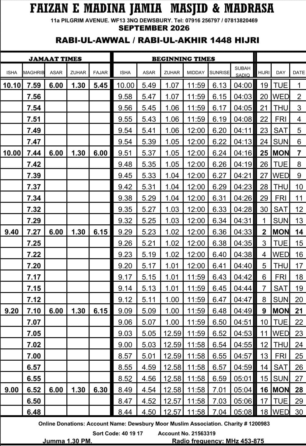 Timetable published by Faizan E Madina for September 2026