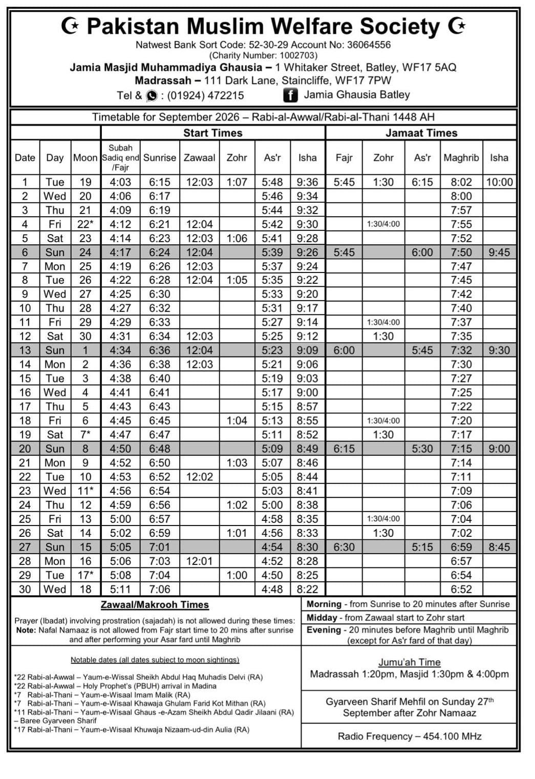 Timetable published by Jamia Masjid Muhammadia Ghausia for September 2026
