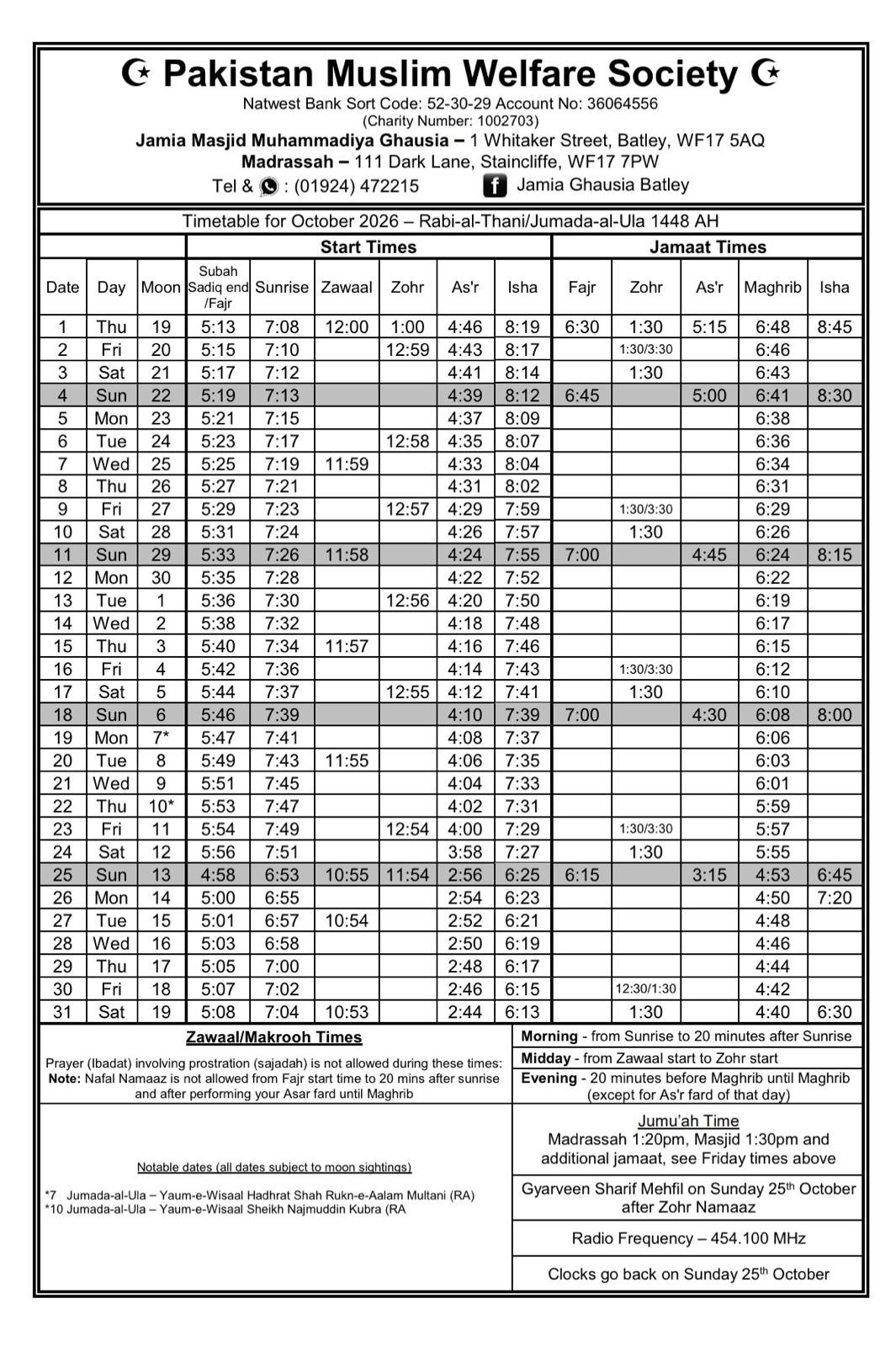 Timetable published by Jamia Masjid Muhammadia Ghausia for October 2026