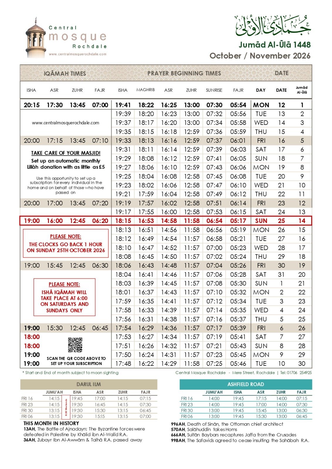 Timetable published by Darul Ilm Masjid for October 2026