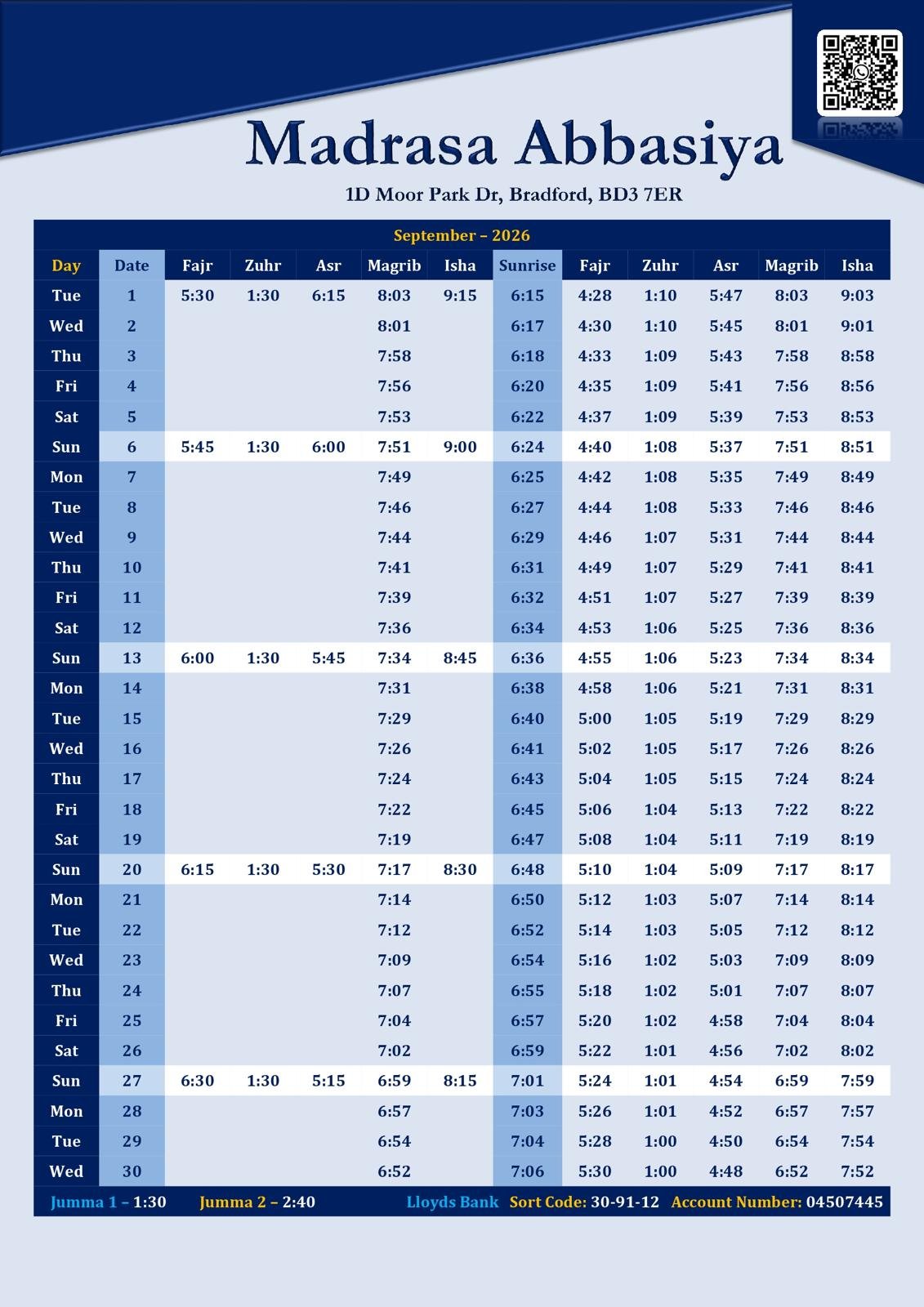 Timetable published by Madrasa Abbasiya for September 2026