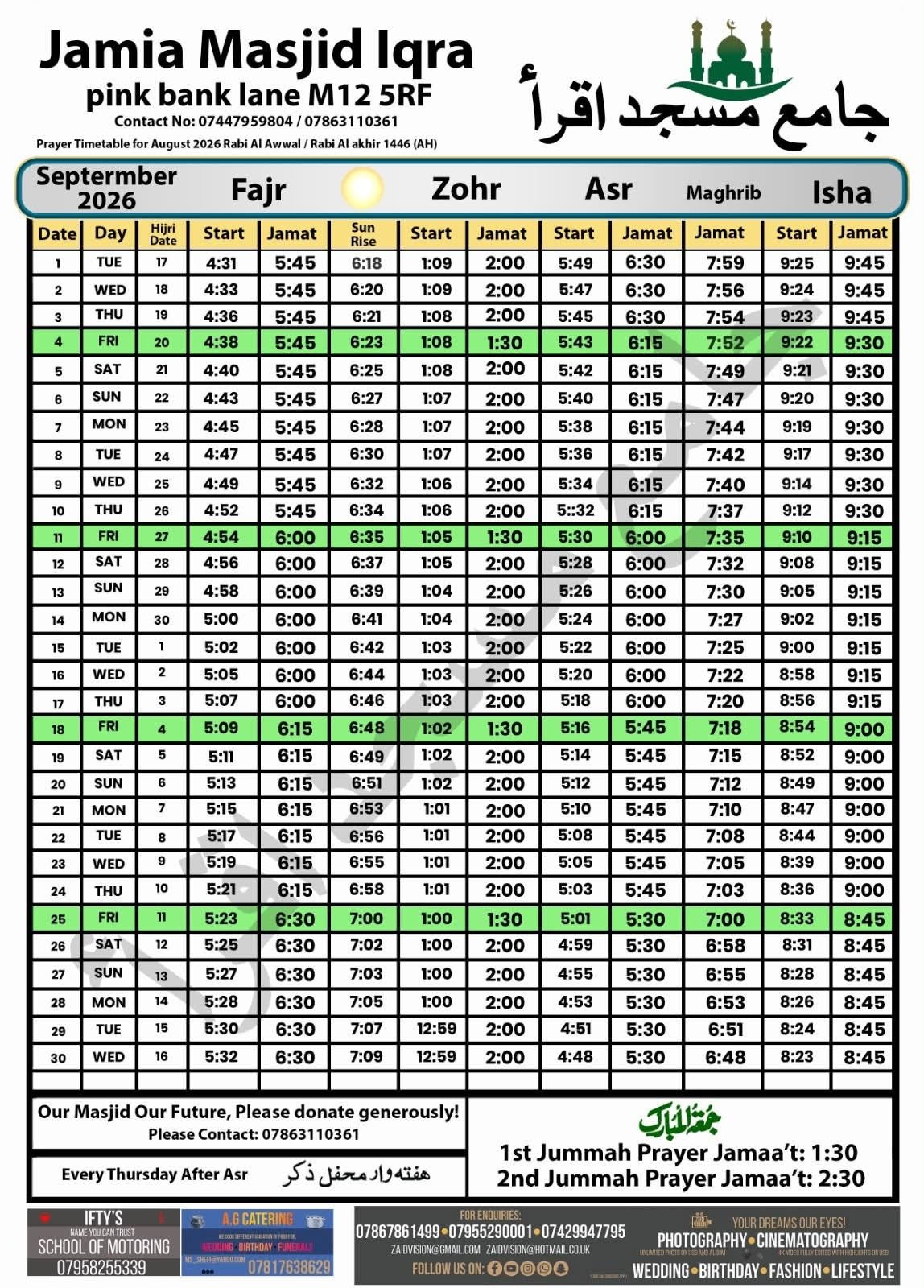 Timetable published by Jamia Masjid Iqra for September 2026