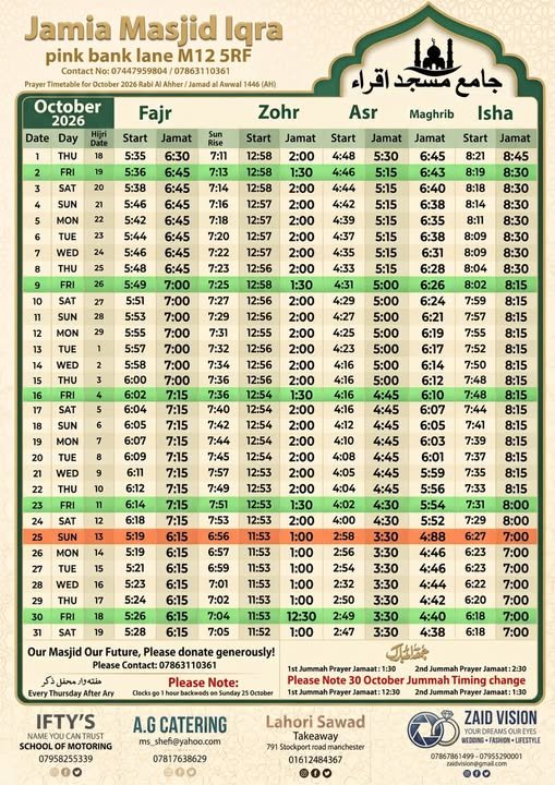 Timetable published by Jamia Masjid Iqra for October 2026