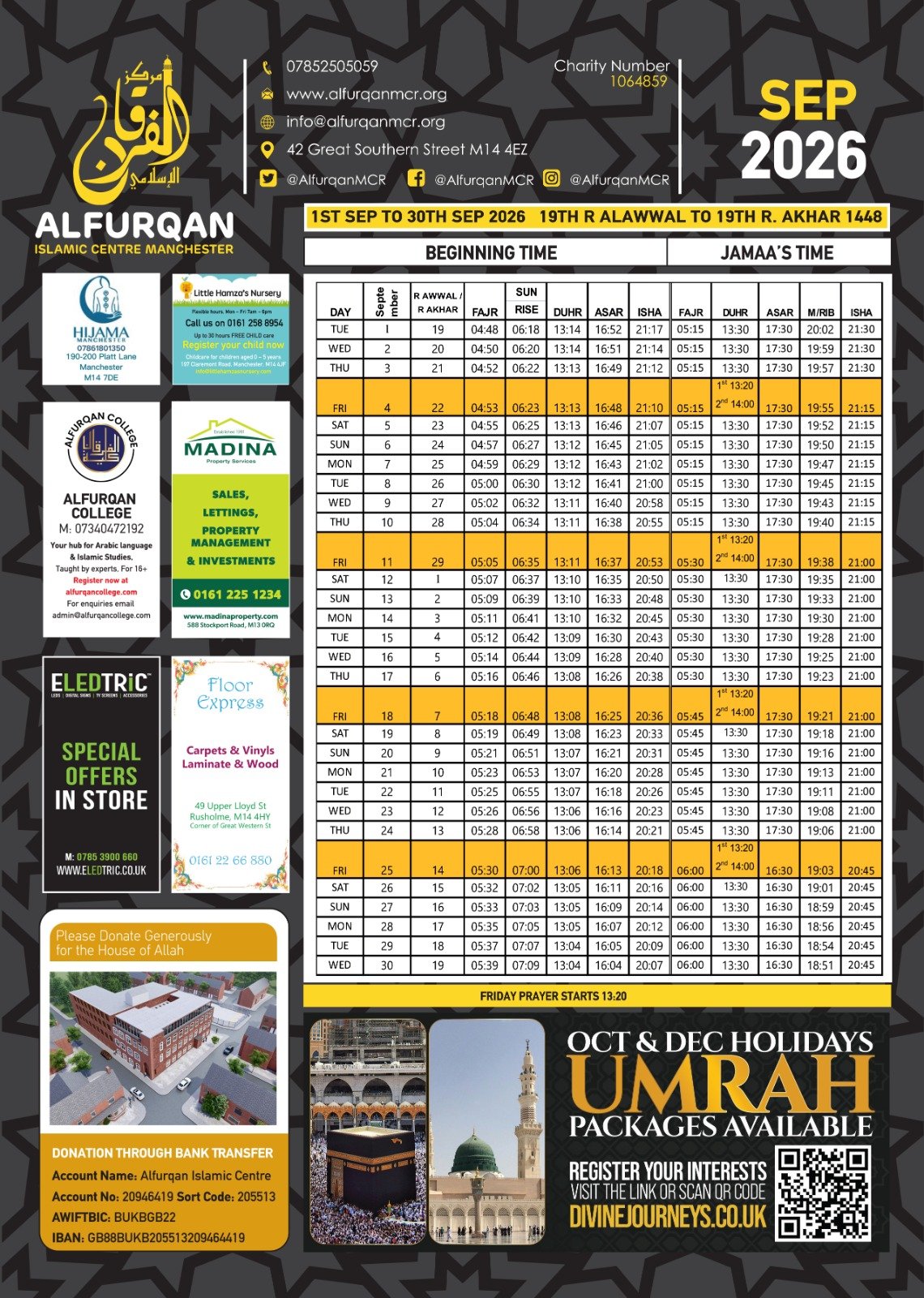 Timetable published by Alfurqan Islamic Centre for September 2026
