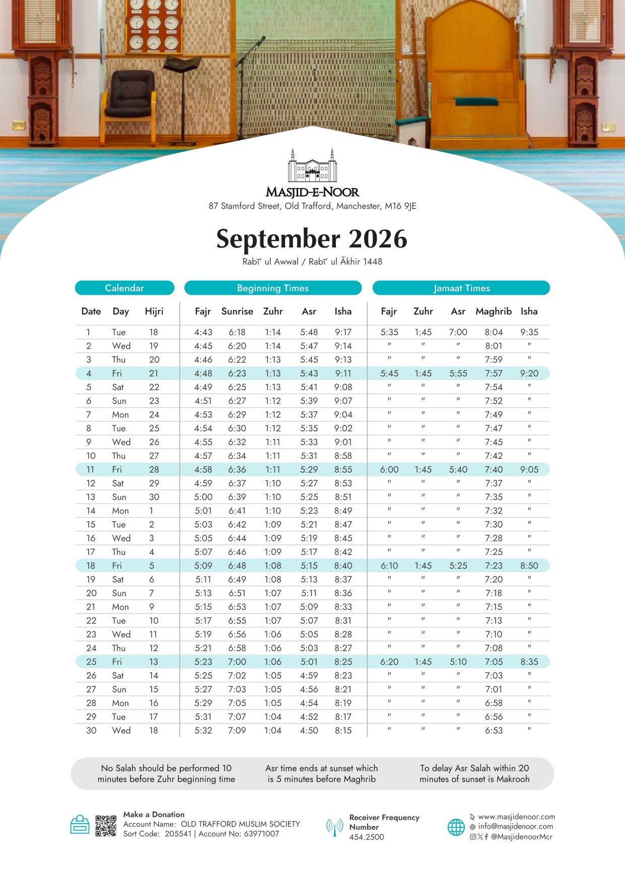 Timetable published by Jame'ah Masjid E Noor for September 2026