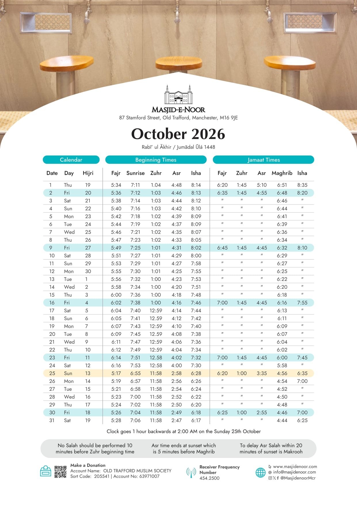 Timetable published by Jame'ah Masjid E Noor for October 2026