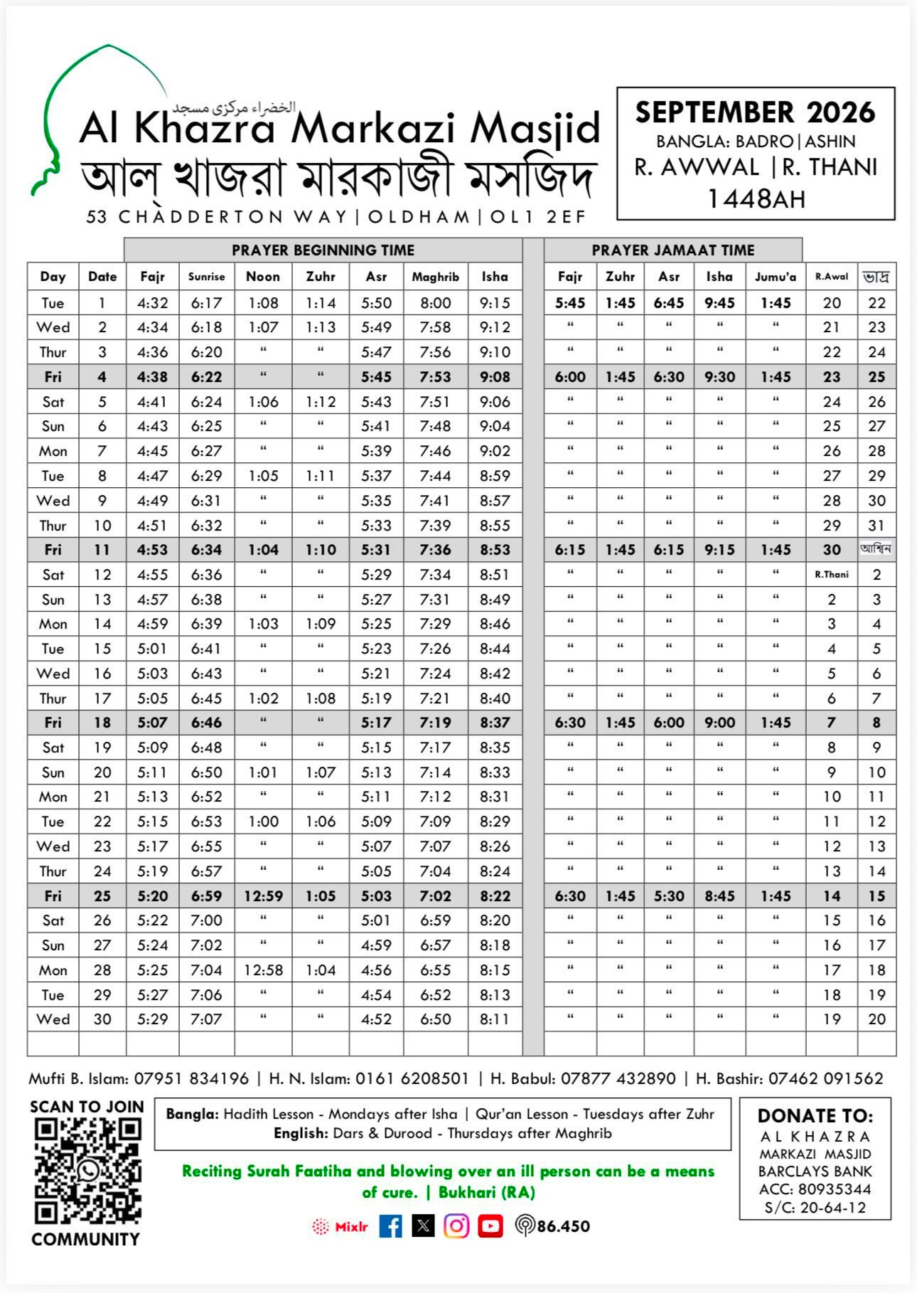 Timetable published by Al Khazra Markazi Masjid for September 2026