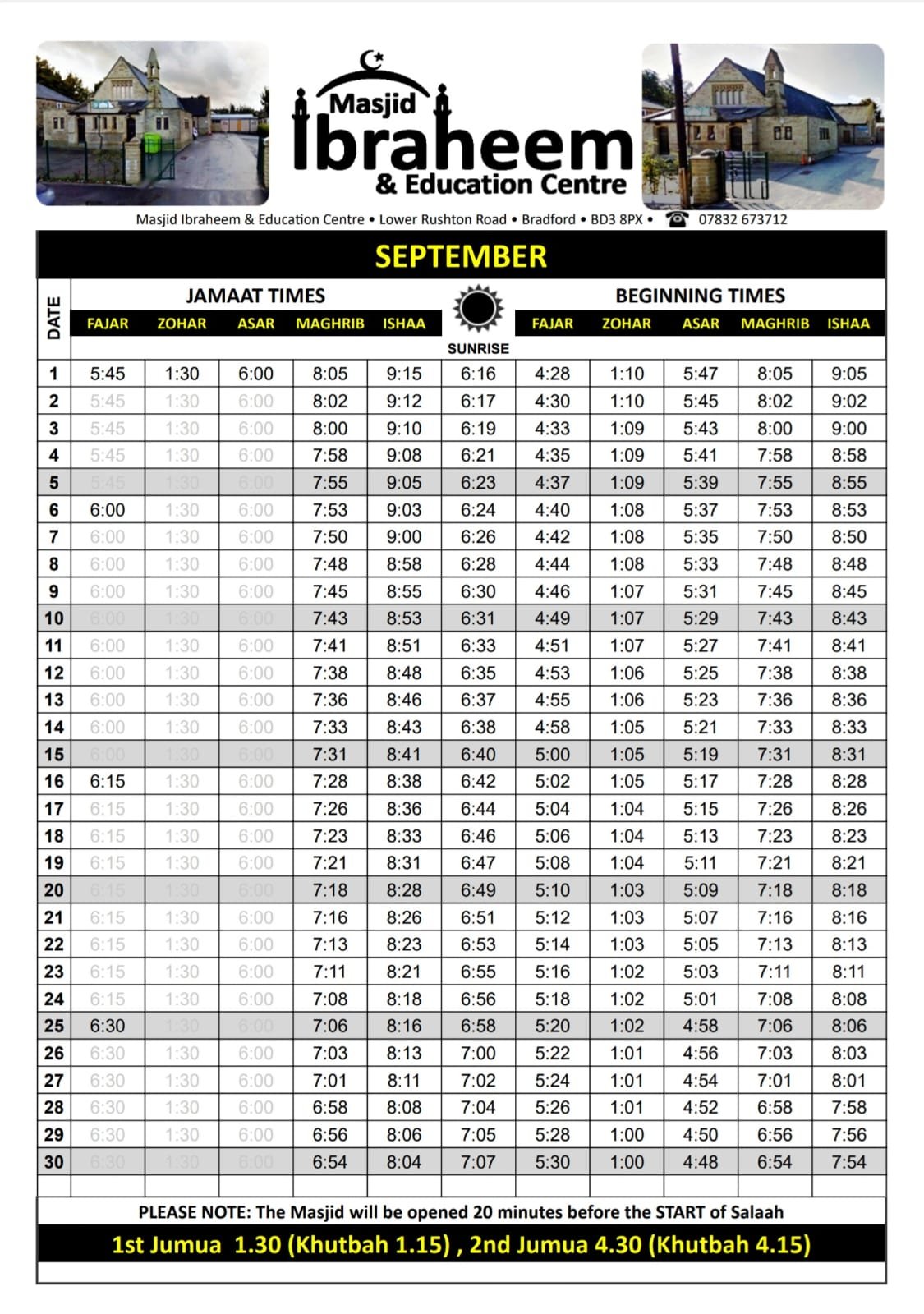 Timetable published by Masjid Ibraheem & Education Centre for September 2026