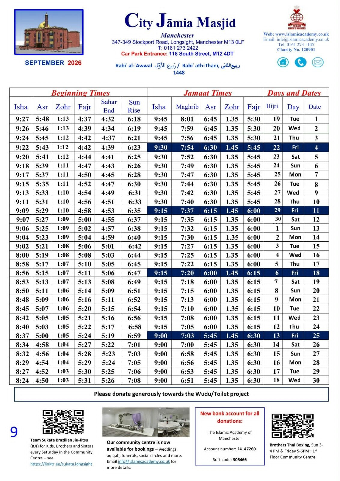 Timetable published by City Jamia Masjid for September 2026