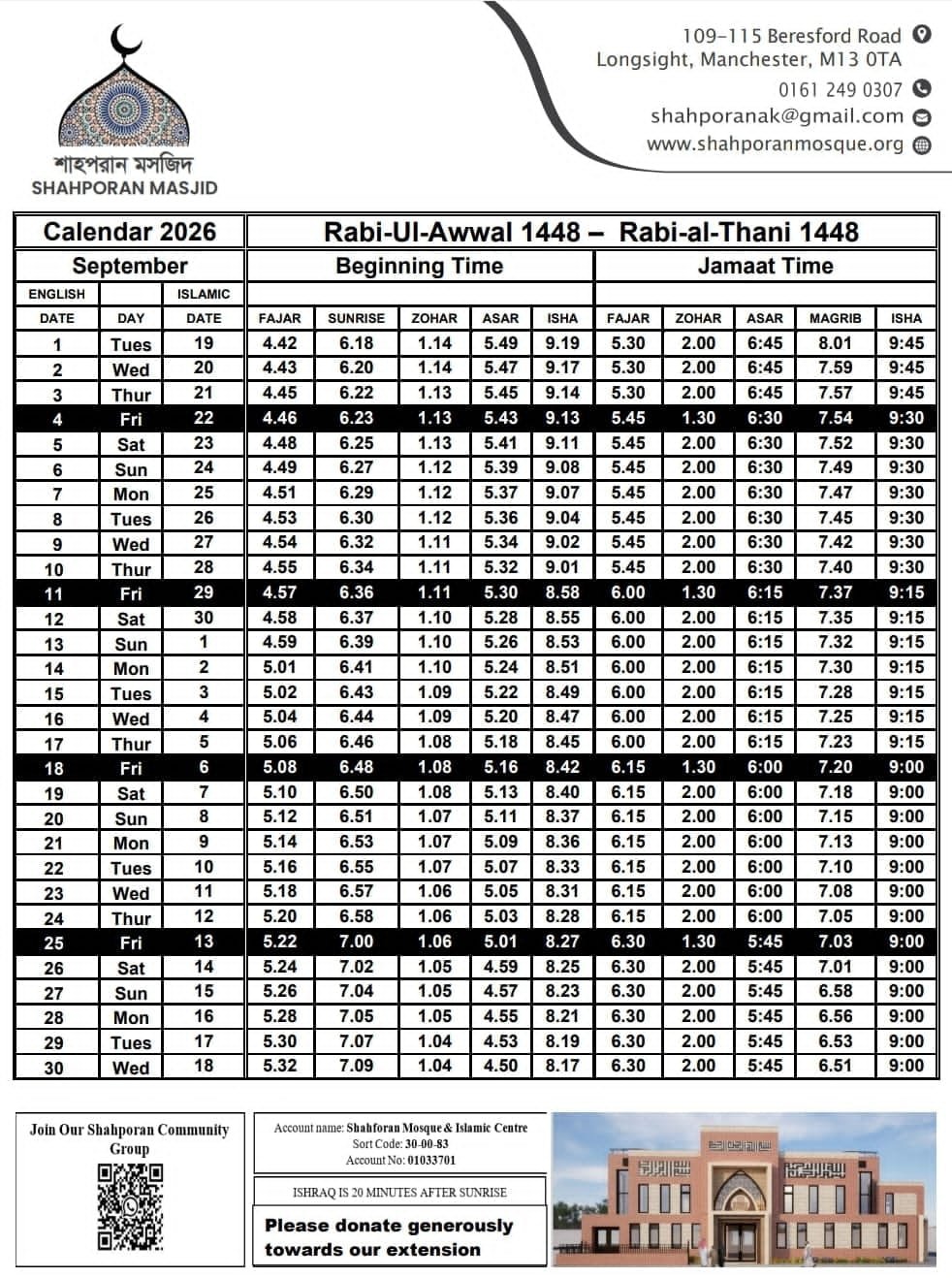 Timetable published by Shahporan Masjid for September 2026