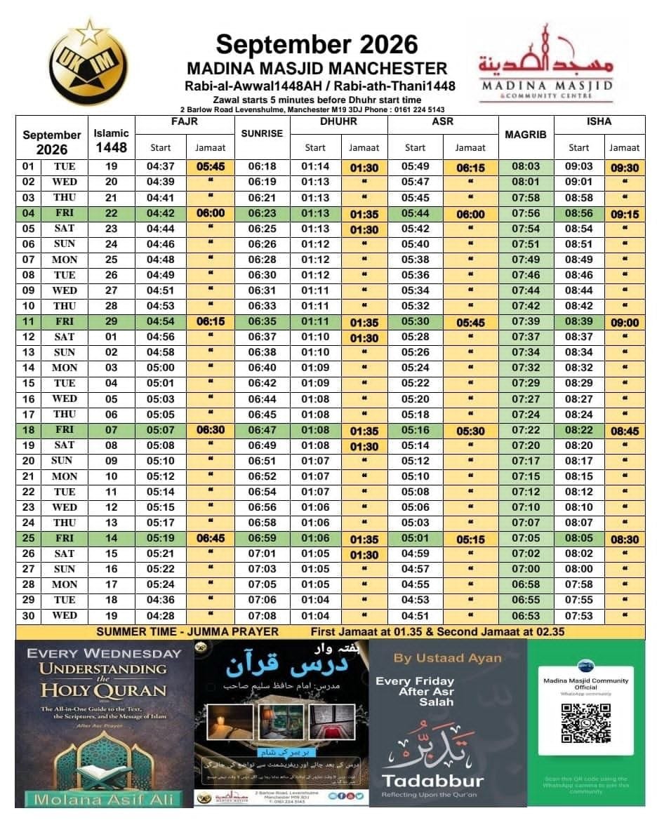 Timetable published by UKIM Madina Mosque for September 2026