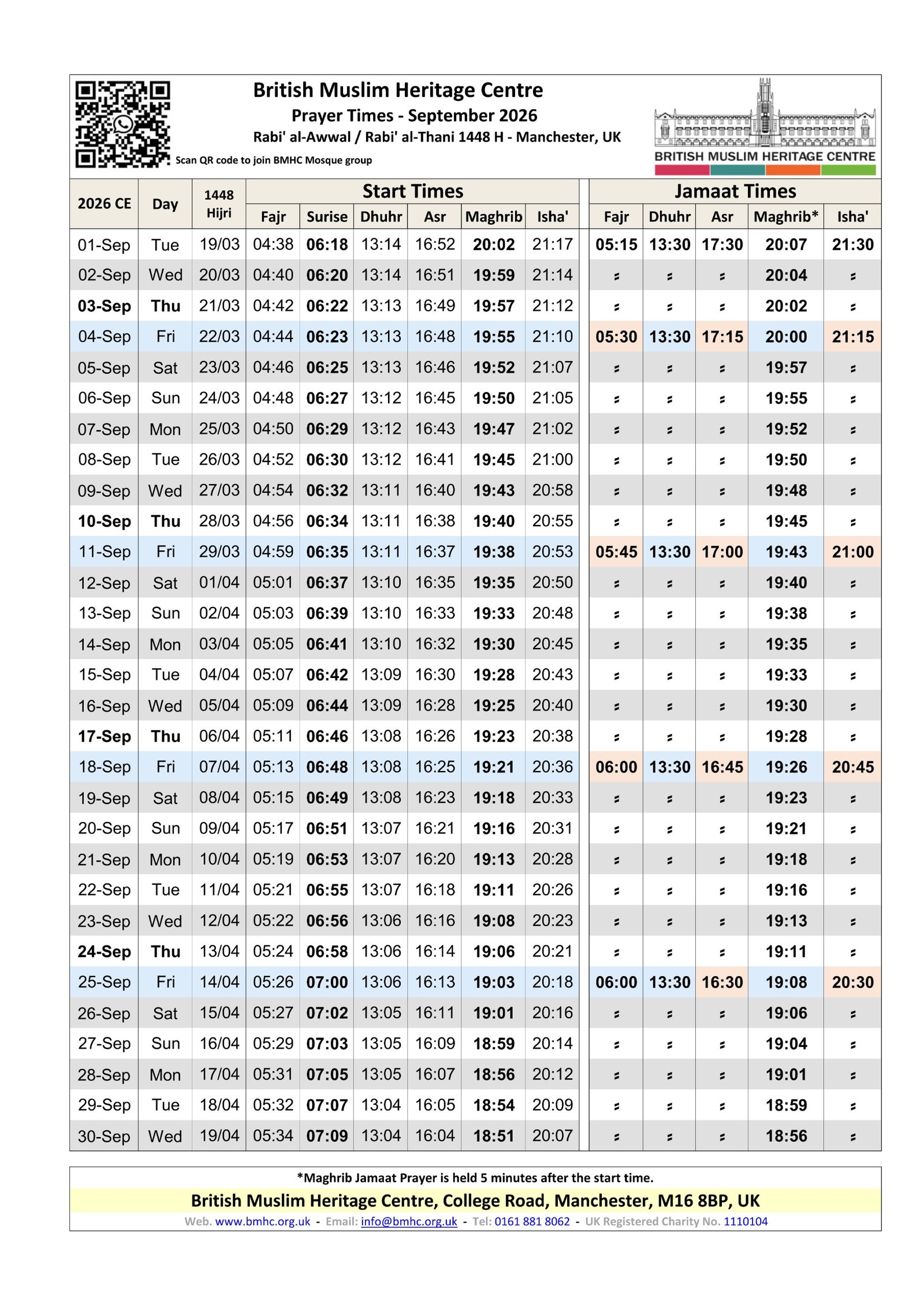 Timetable published by British Muslim Heritage Centre for September 2026