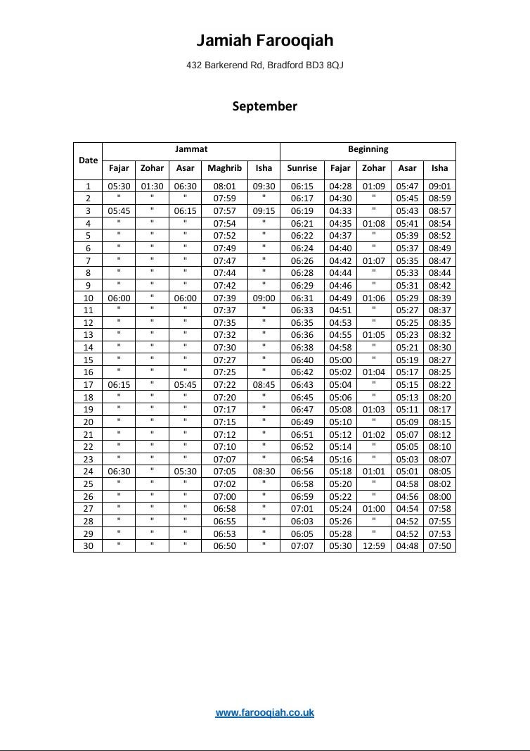 Timetable published by Jamiah Farooqiah for September 2026