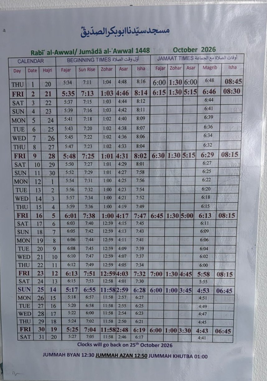 Timetable published by Abu Bakr Mosque for October 2026