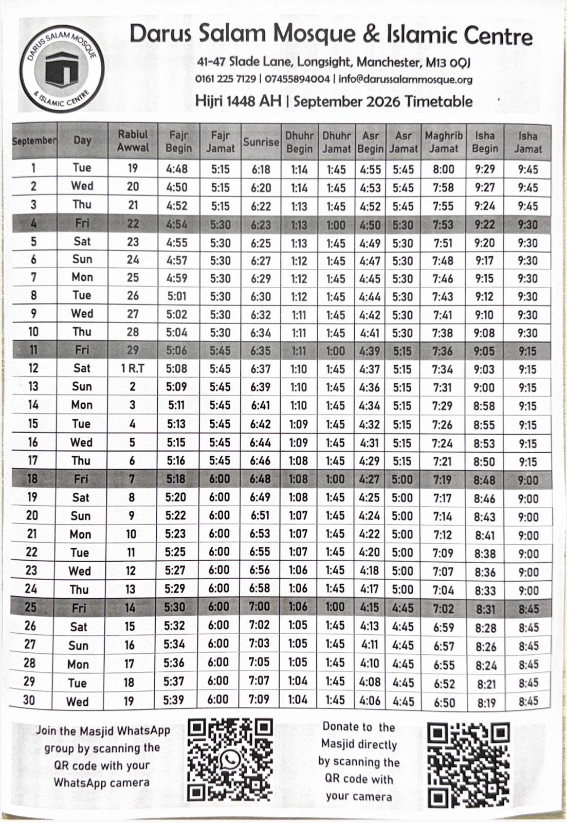 Timetable published by Darus Salam Mosque & Islamic Centre for September 2026