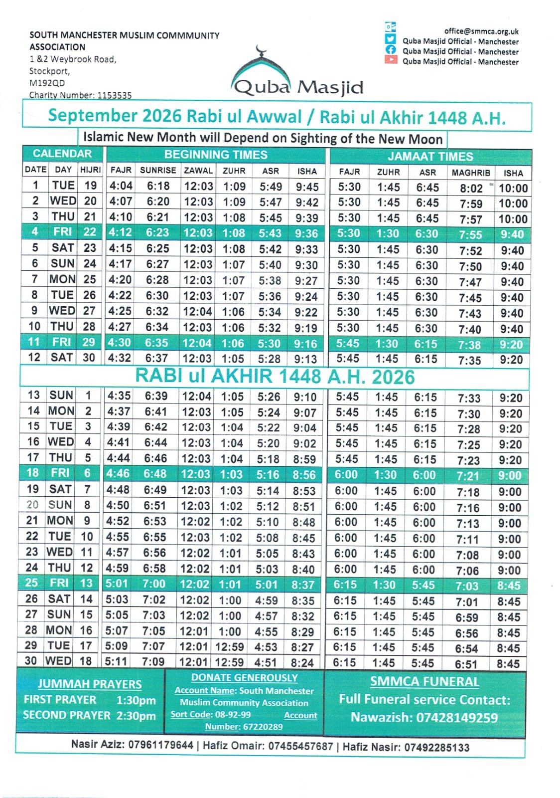 Timetable published by SMMCA - Quba Masjid for September 2026