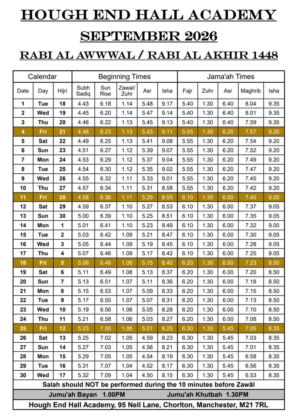 Timetable published by Hough End Hall Academy for September 2026