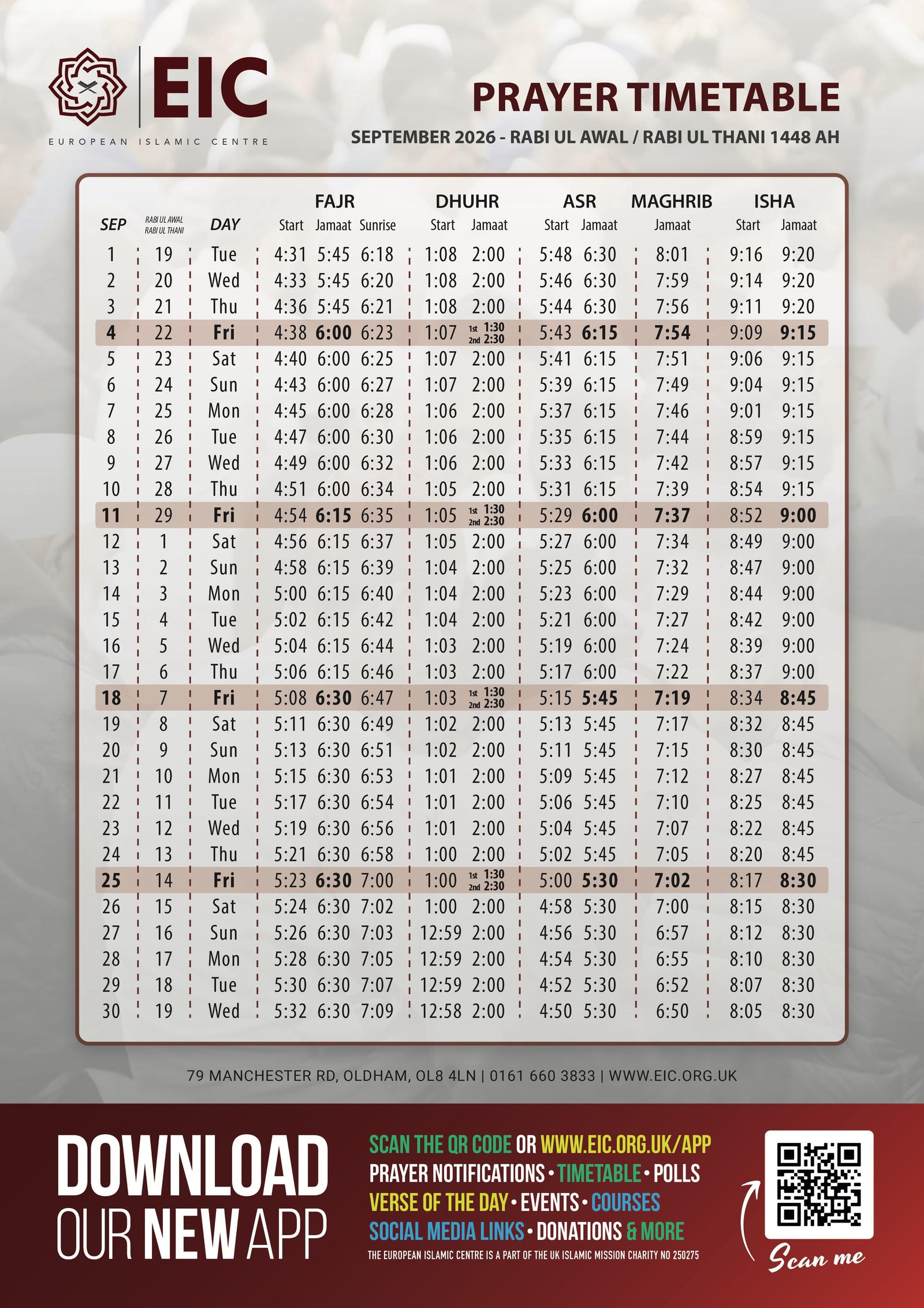 Timetable published by UKIM EIC (European Islamic Centre) for September 2026
