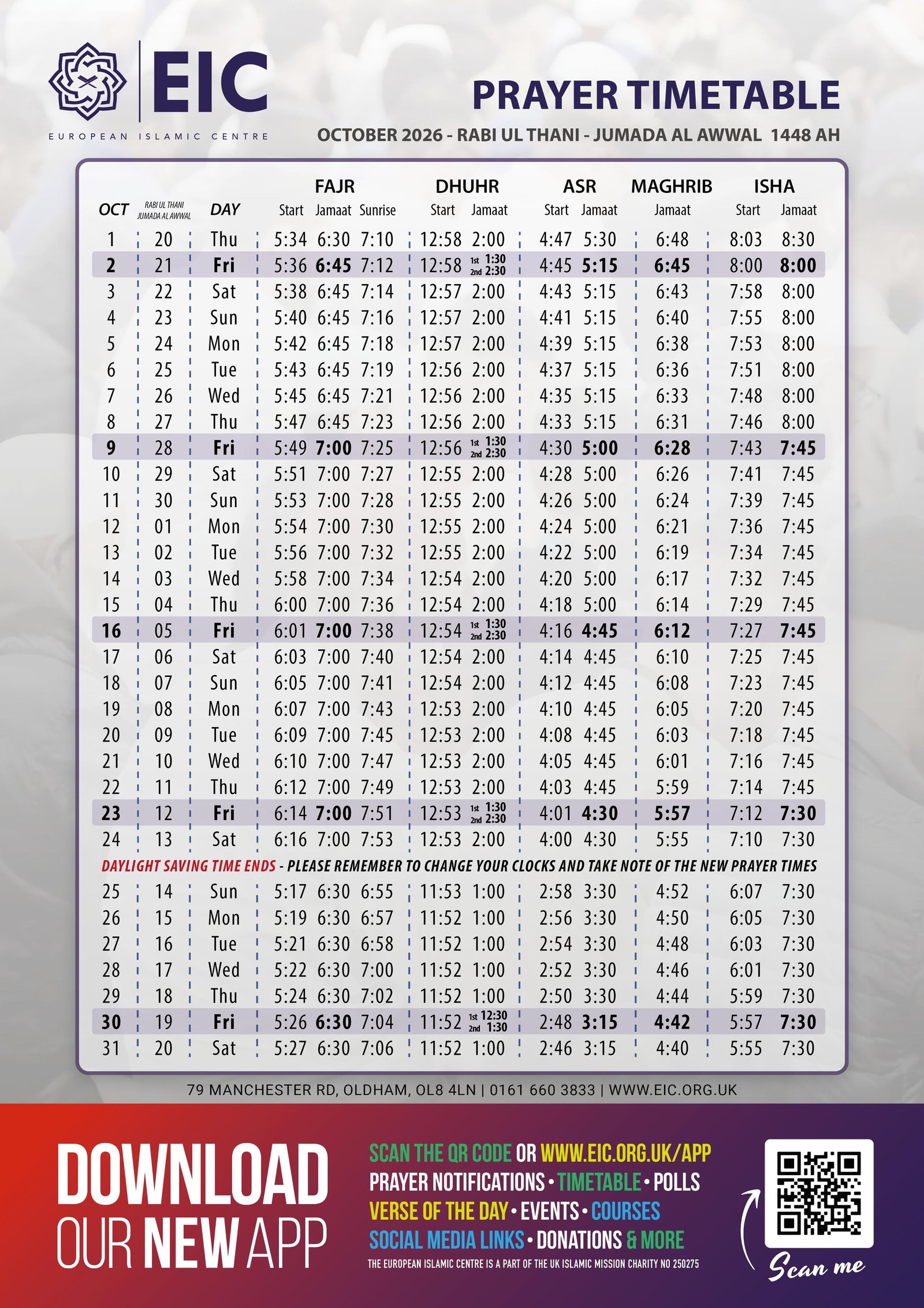 Timetable published by UKIM EIC (European Islamic Centre) for October 2026