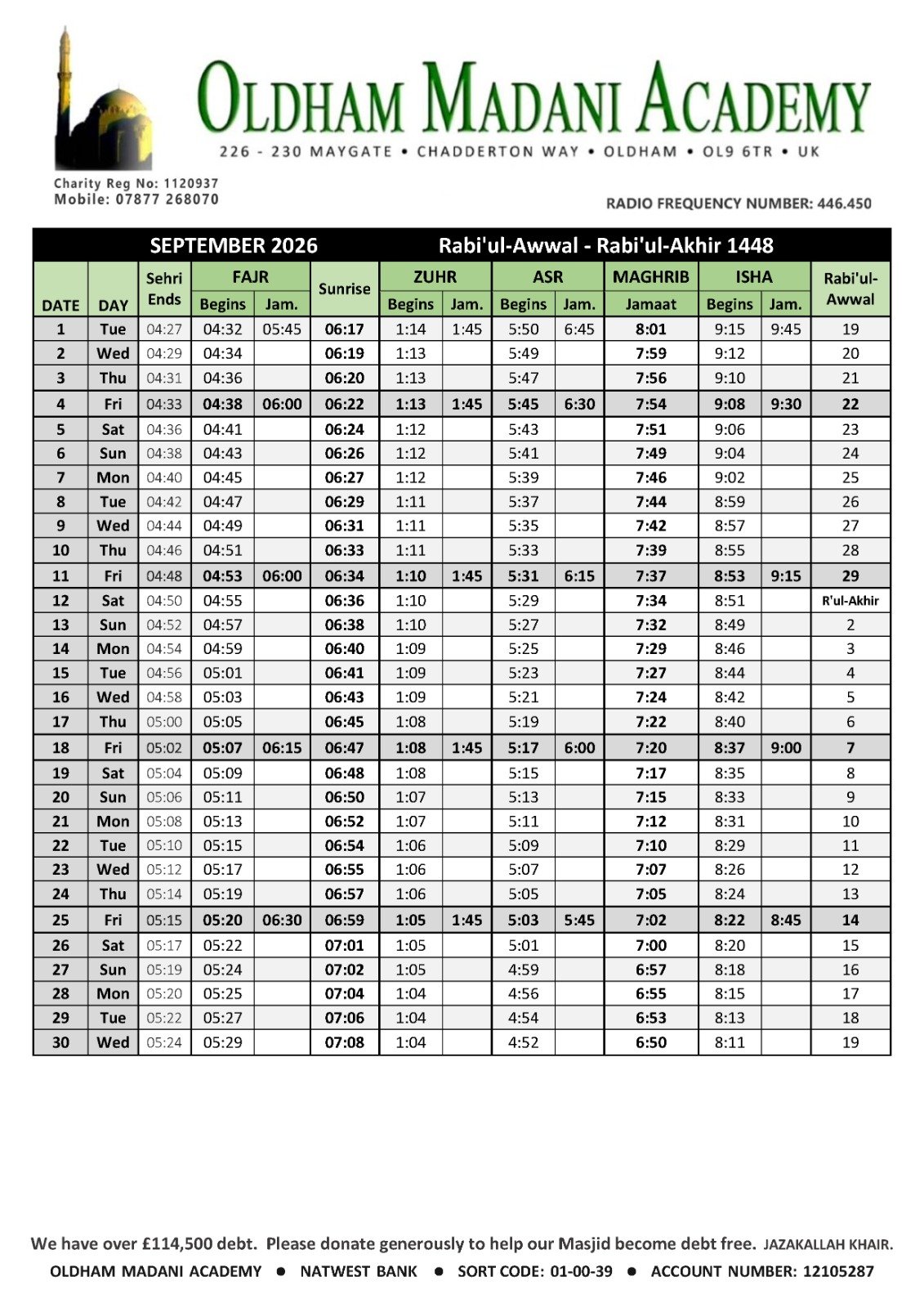 Timetable published by Oldham Madani Academy for September 2026