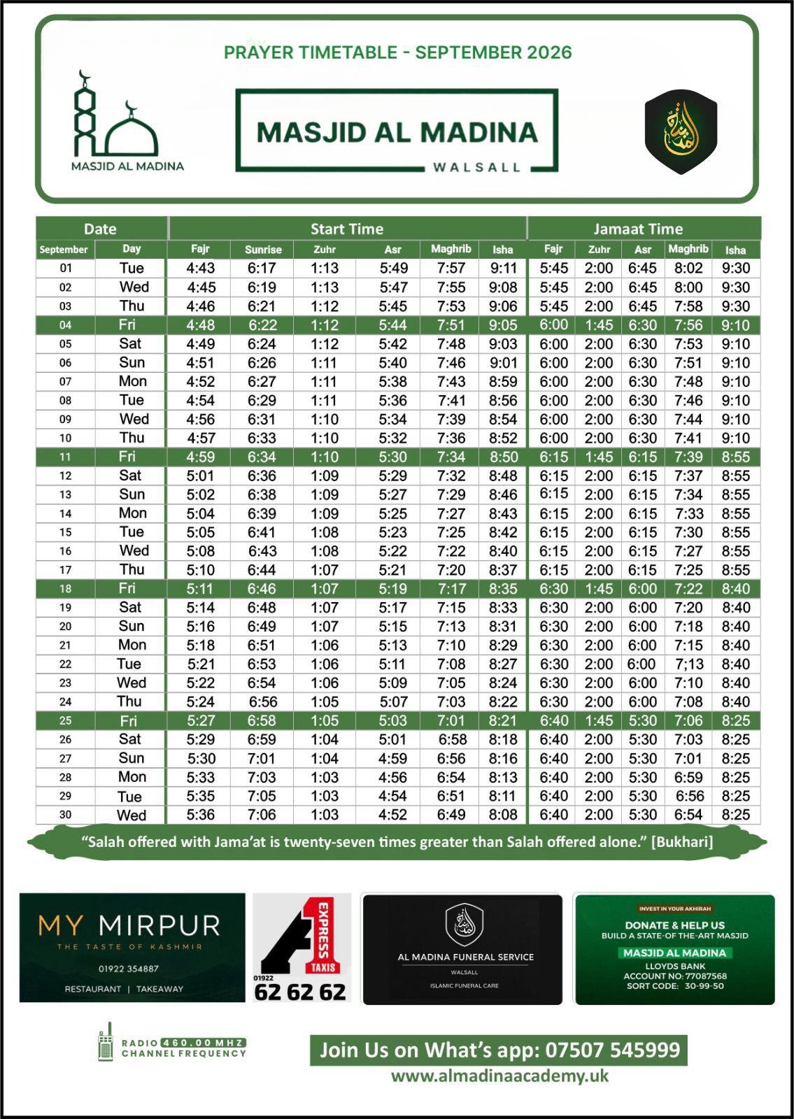 Timetable published by Masjid Al Madina for September 2026