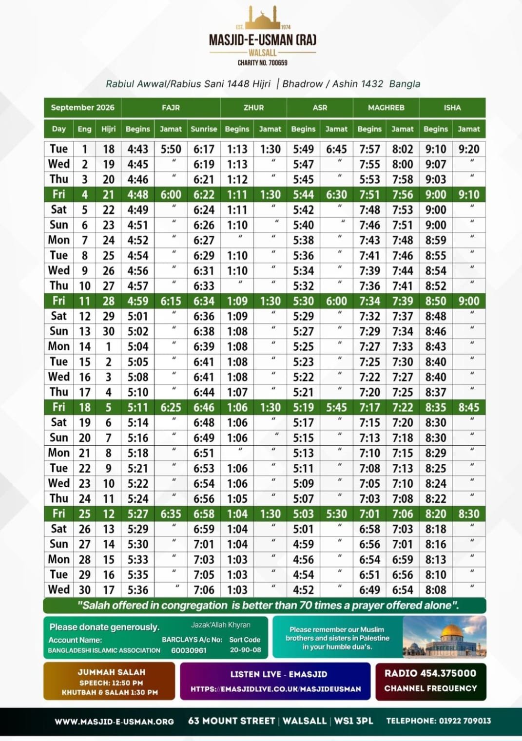 Timetable published by Masjid-e-Usman for September 2026