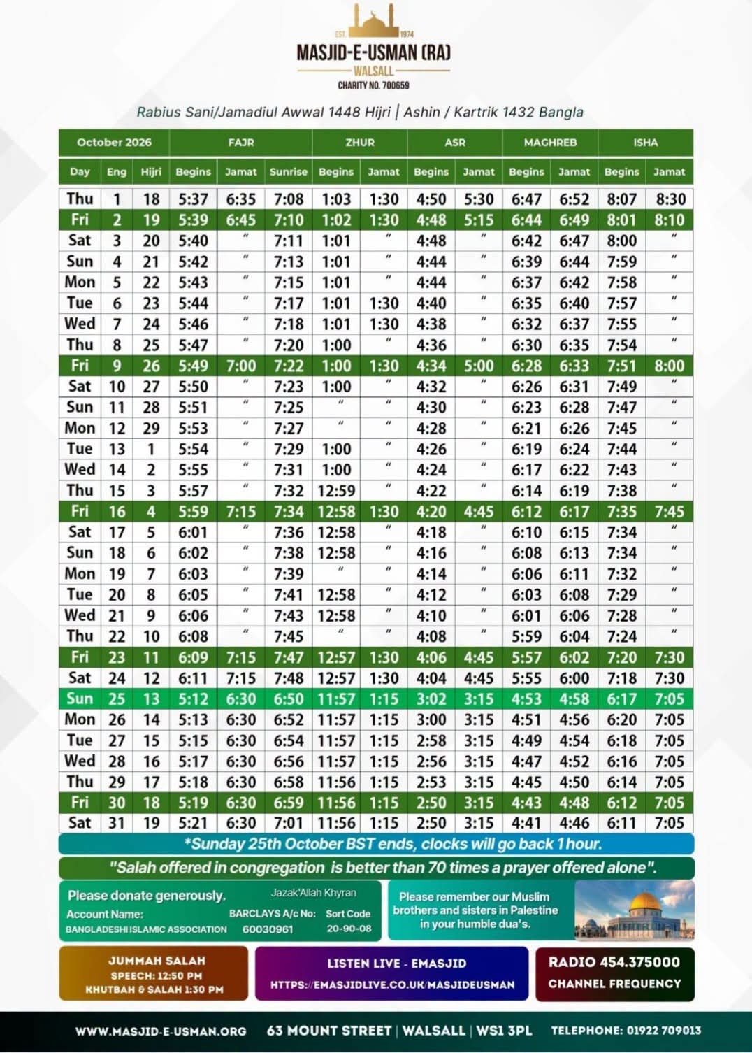Timetable published by Masjid-e-Usman for October 2026