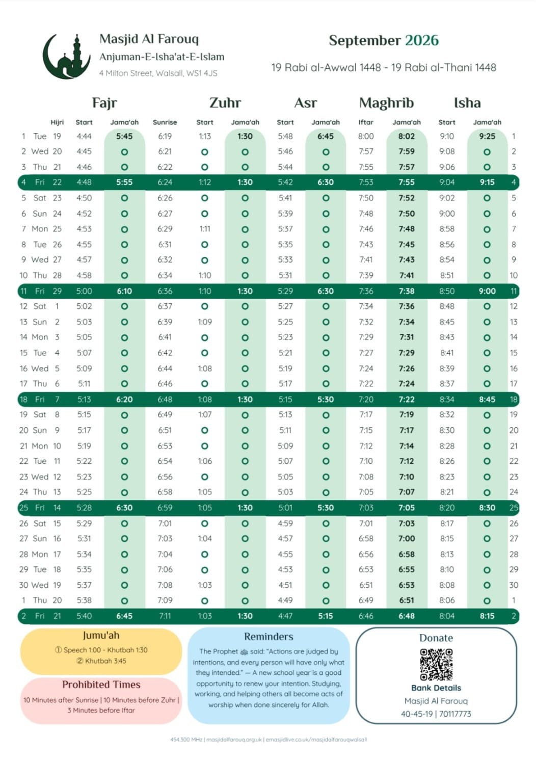 Timetable published by Masjid-Al-Farouq for September 2026