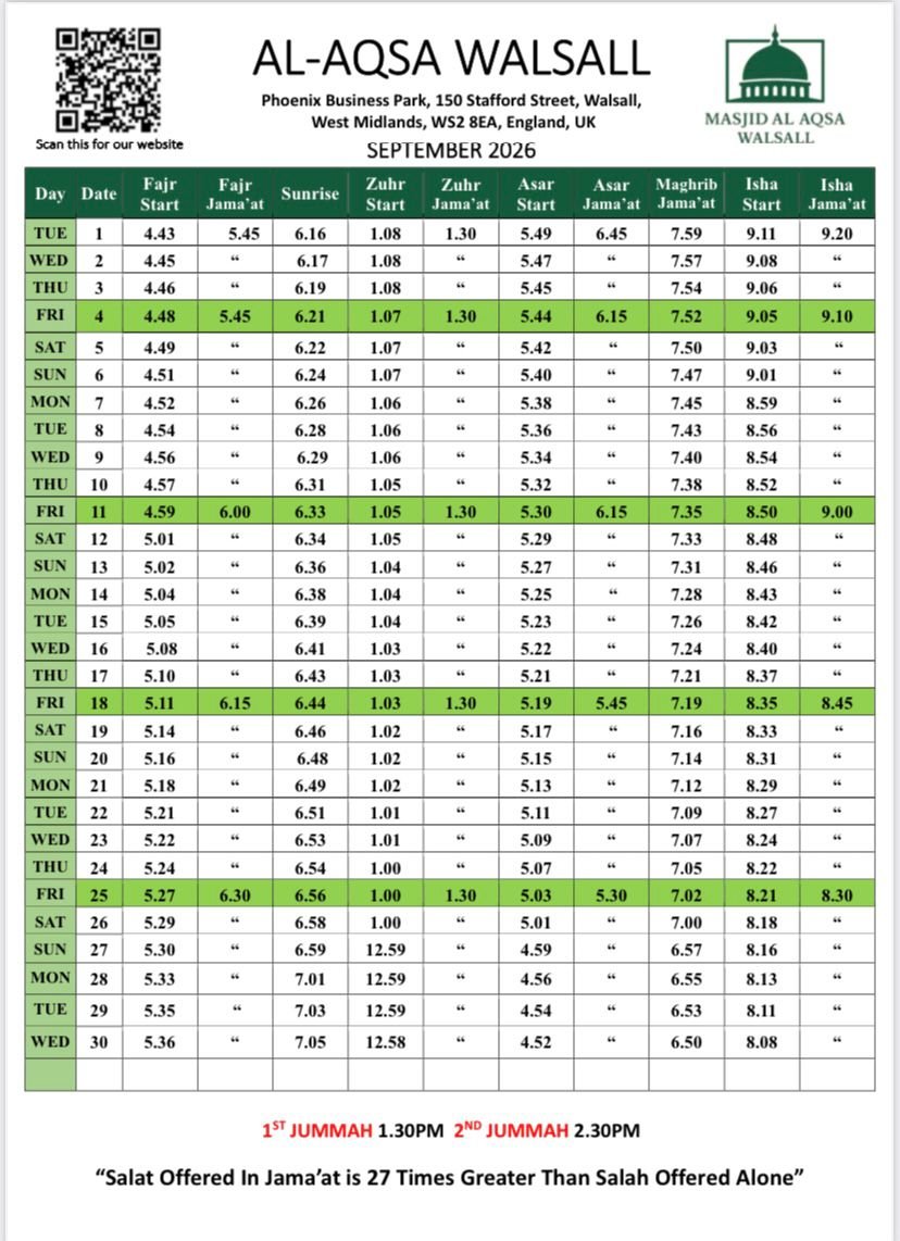 Timetable published by Masjid Al-Aqsa for September 2026