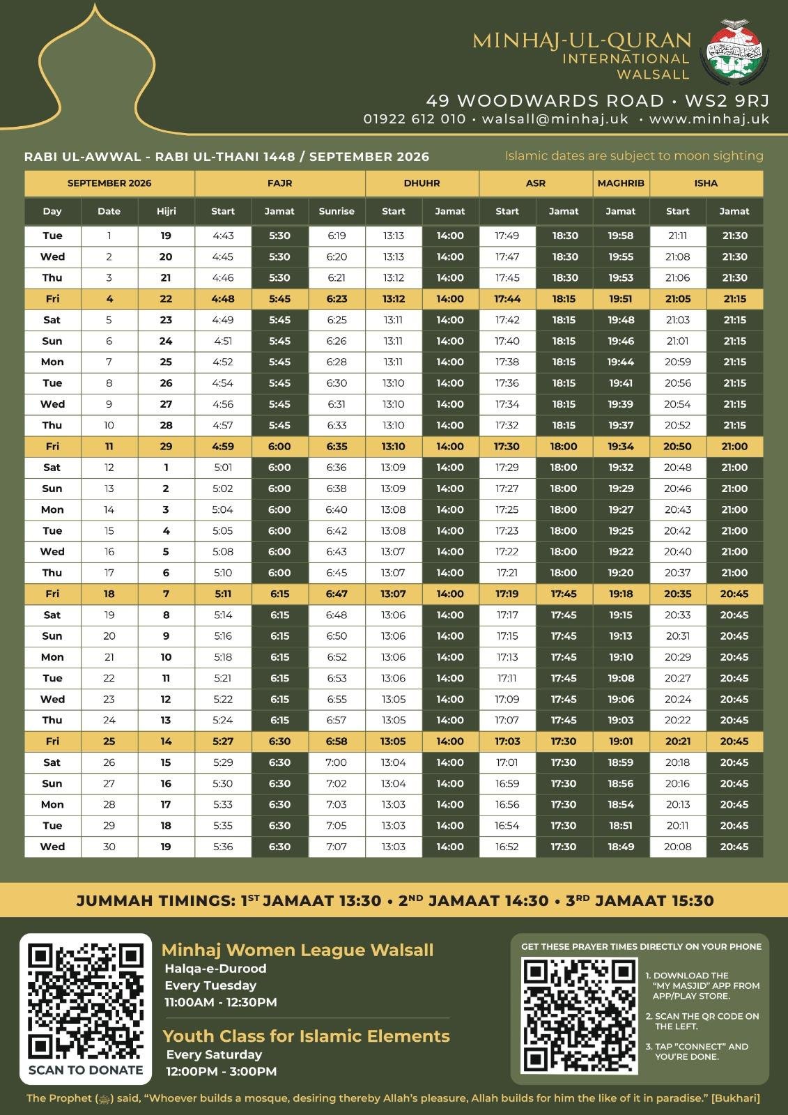 Timetable published by Minhaj-Ul-Quran International for September 2026
