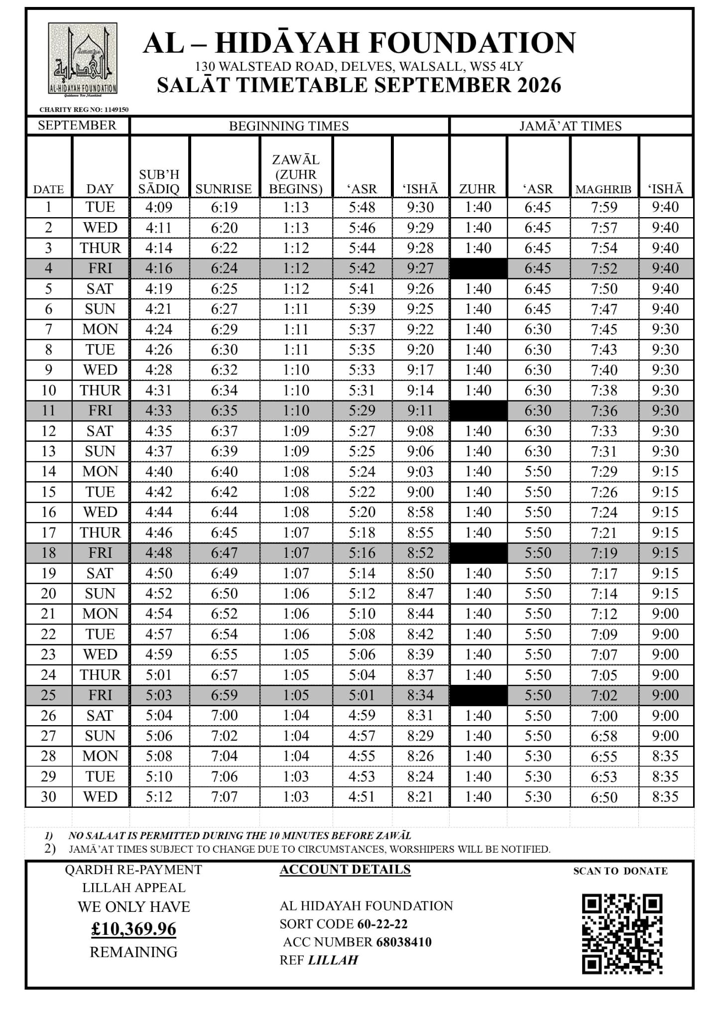 Timetable published by Al Hidayah Foundation for September 2026