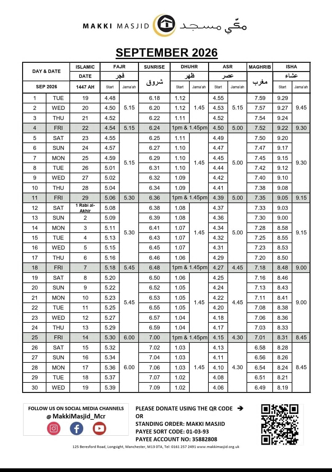 Timetable published by Makki Masjid for September 2026