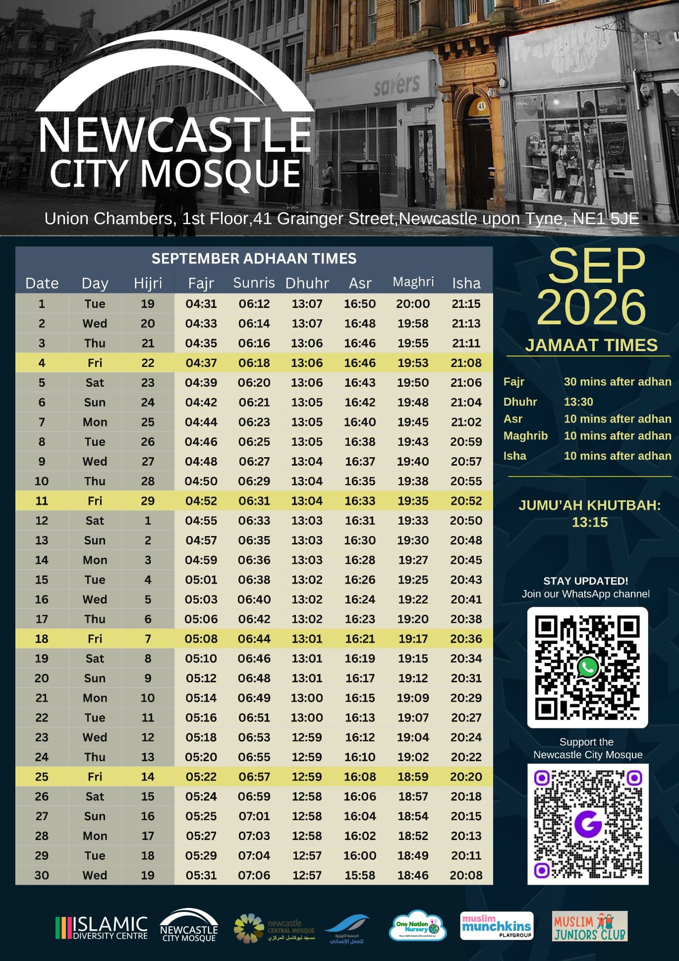 Timetable published by Newcastle City Mosque for September 2026