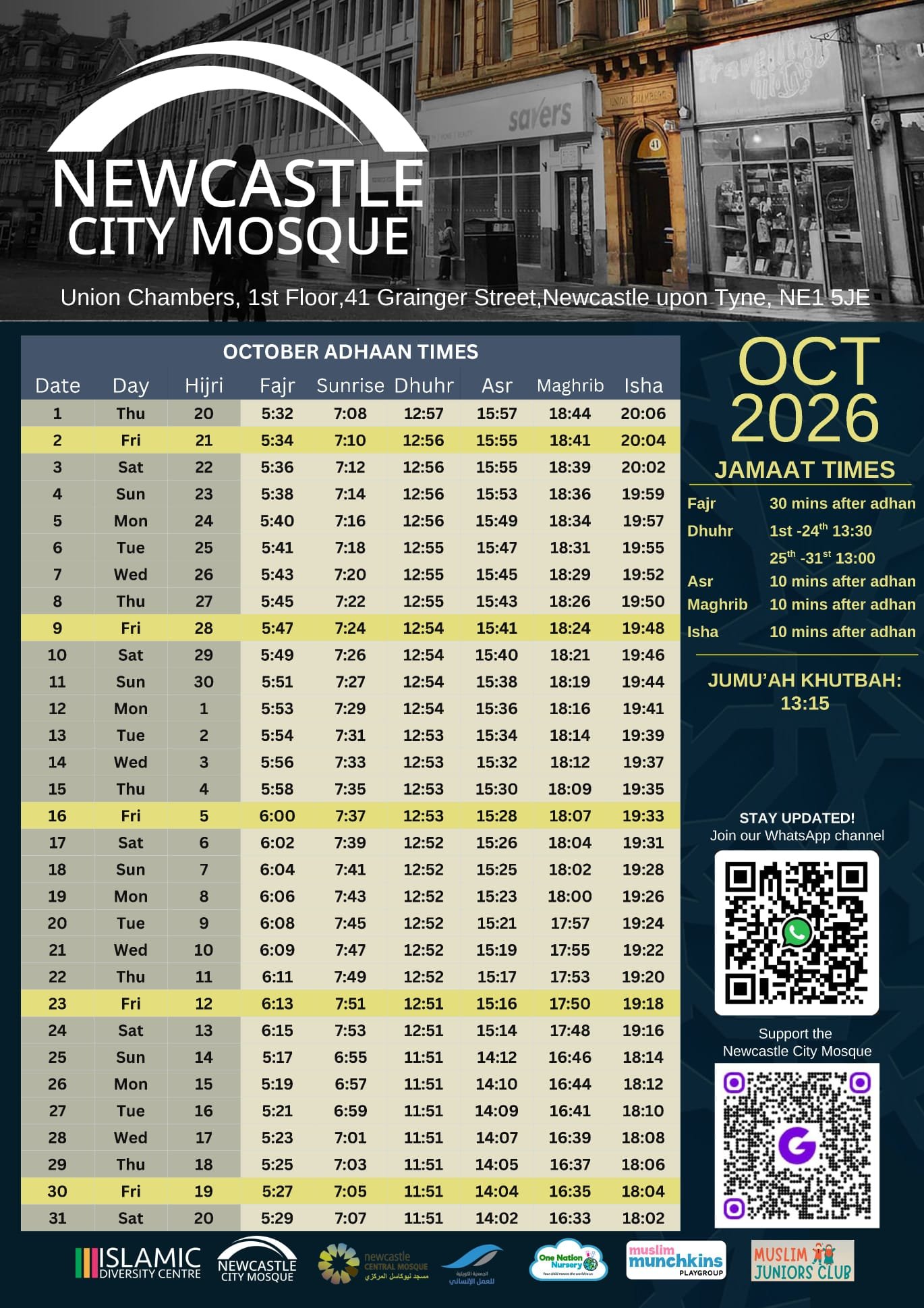 Timetable published by Newcastle City Mosque for October 2026