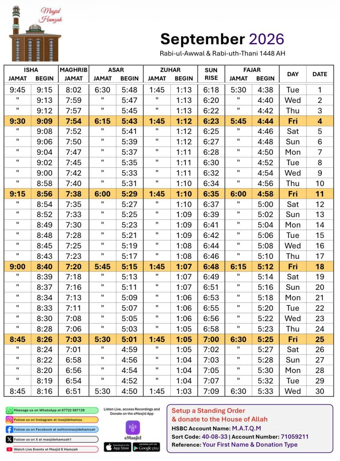 Timetable published by Masjid Hamzah for September 2026