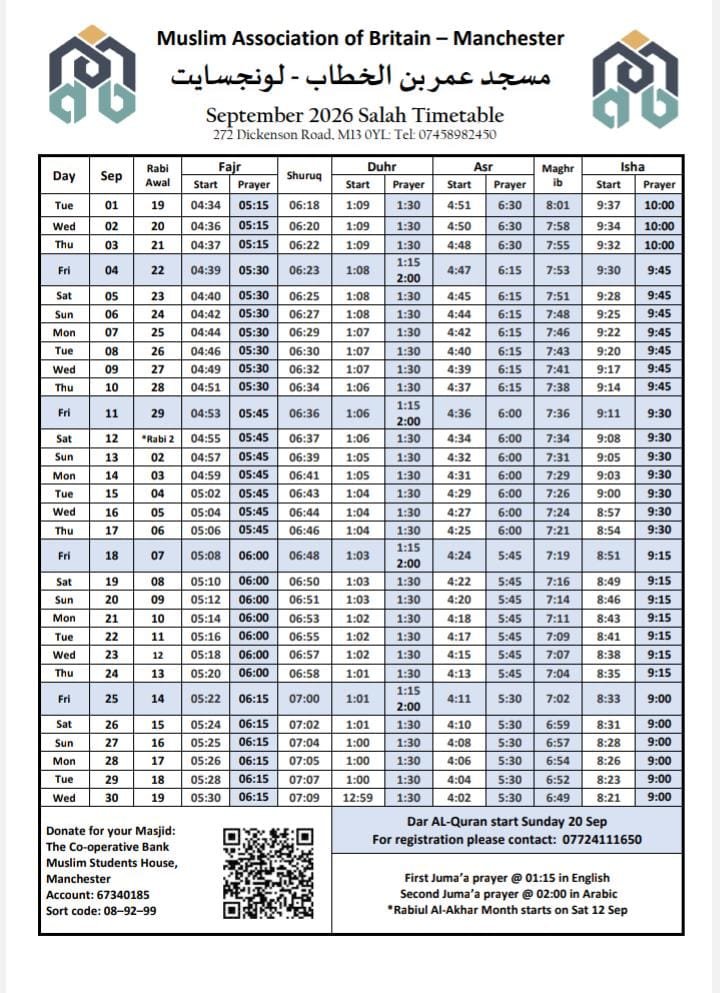 Timetable published by Masjid Omar Ibn Khattab for September 2026