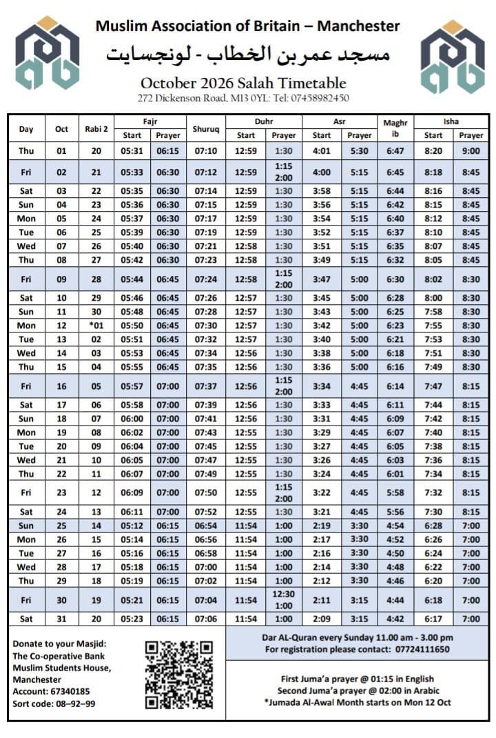 Timetable published by Masjid Omar Ibn Khattab for October 2026