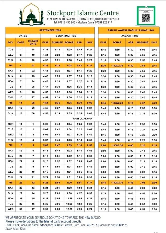 Timetable published by Stockport Jamia Mosque for September 2026