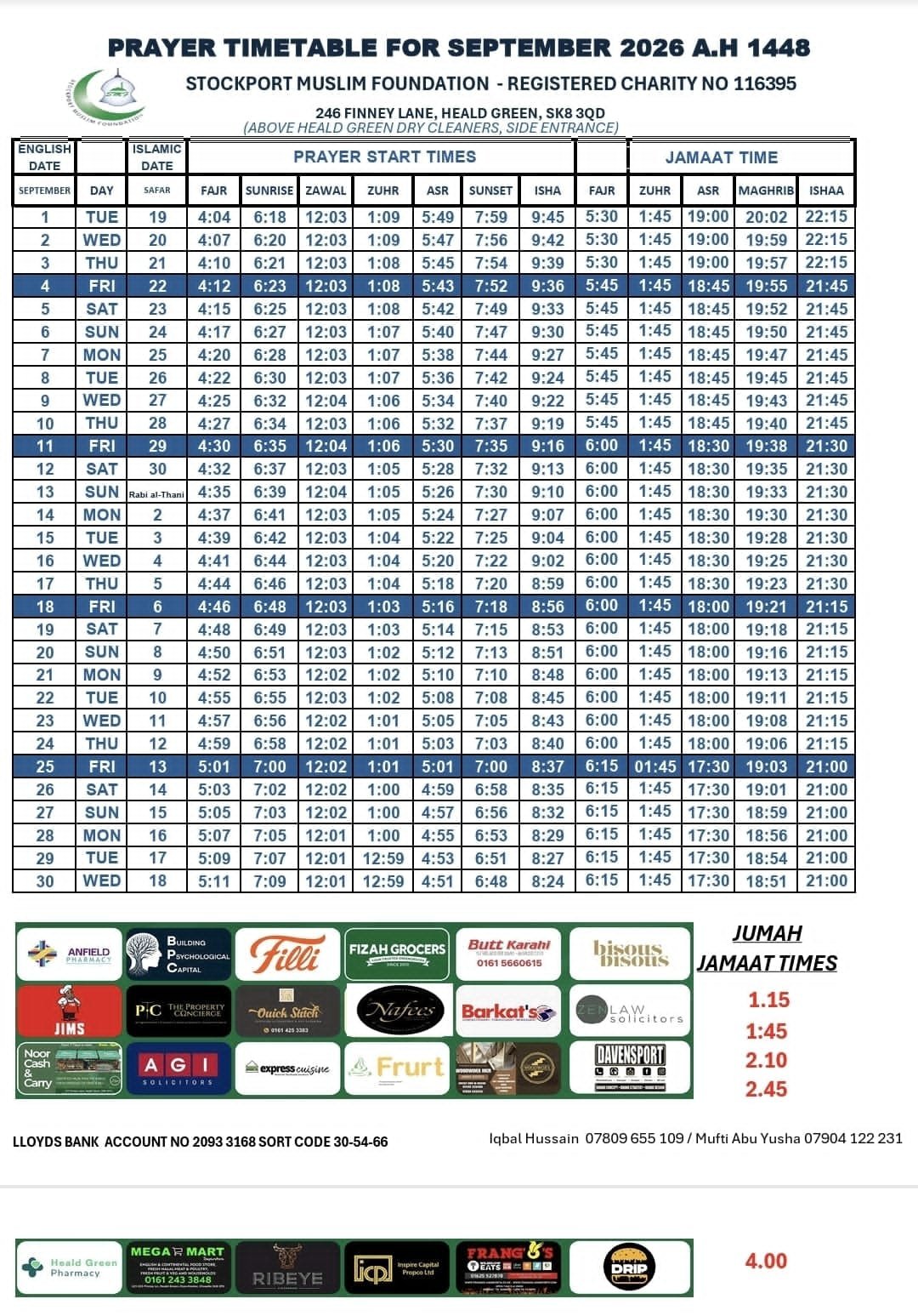 Timetable published by Stockport Muslim Foundation for September 2026