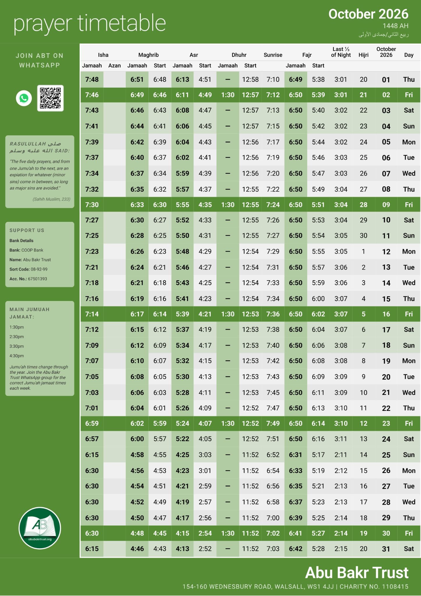 Timetable published by Abu Bakr Trust for October 2026