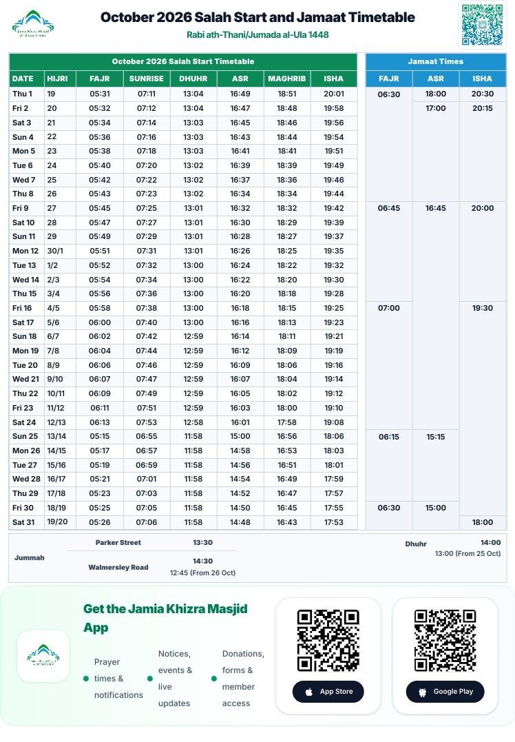 Timetable published by Jamia Khizra Mosque (Parker Street) for October 2026
