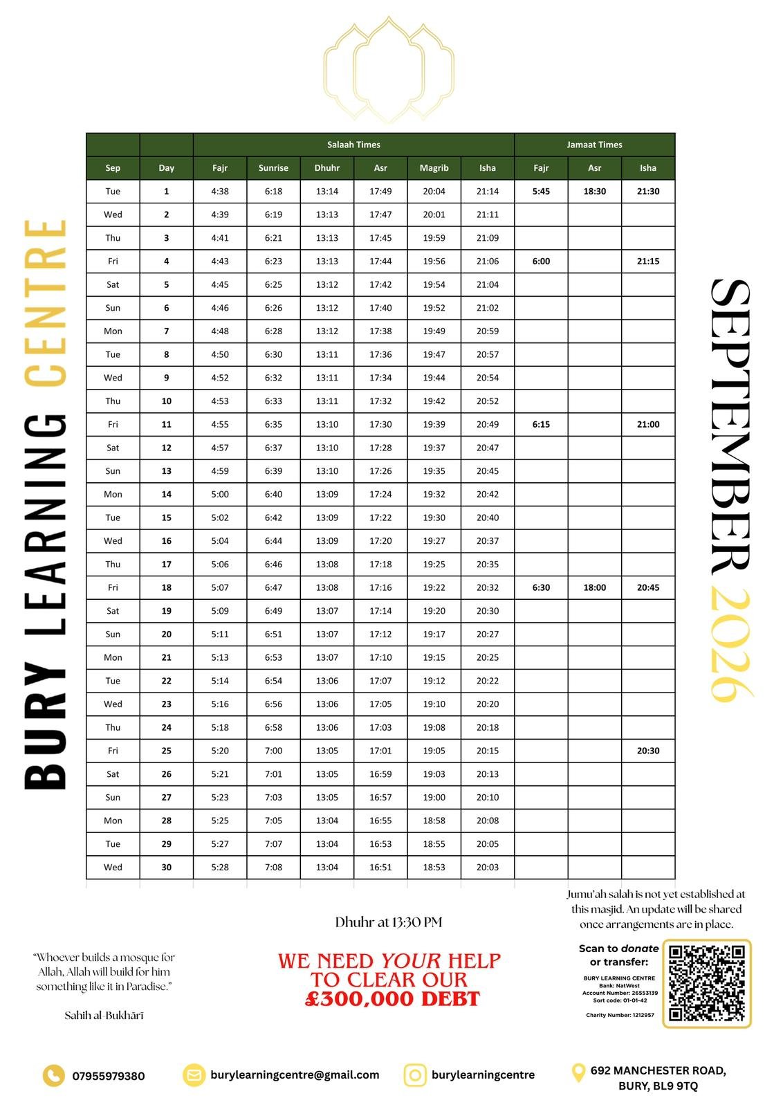 Timetable published by Bury Learning Centre Masjid for September 2026