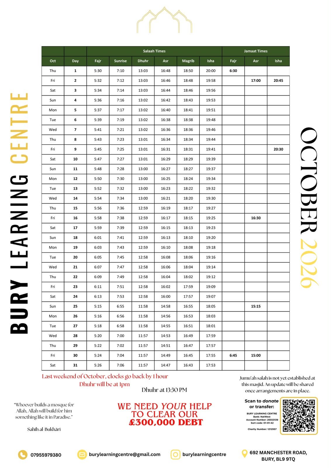 Timetable published by Bury Learning Centre Masjid for October 2026