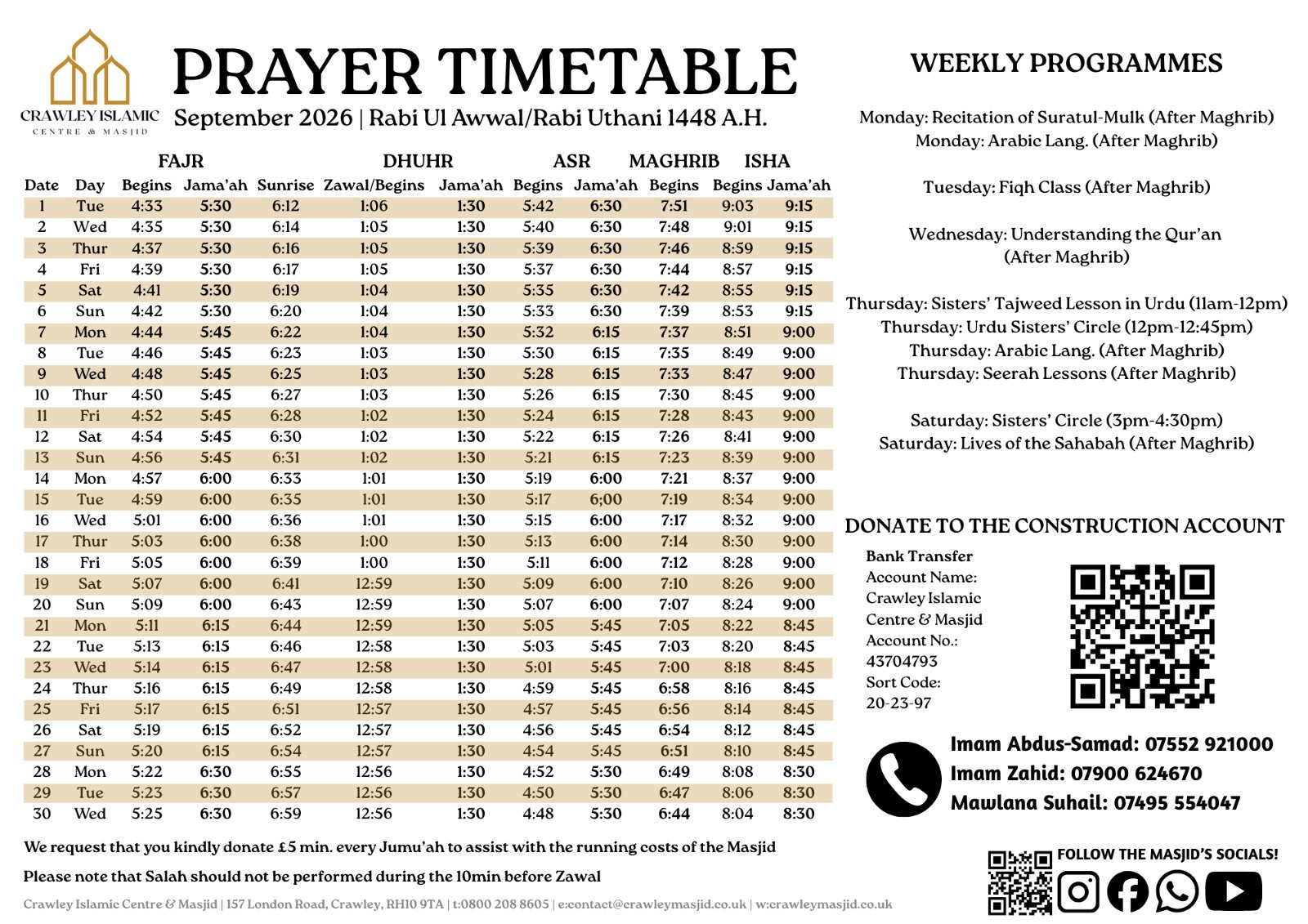 Timetable published by Crawley Masjid for September 2026