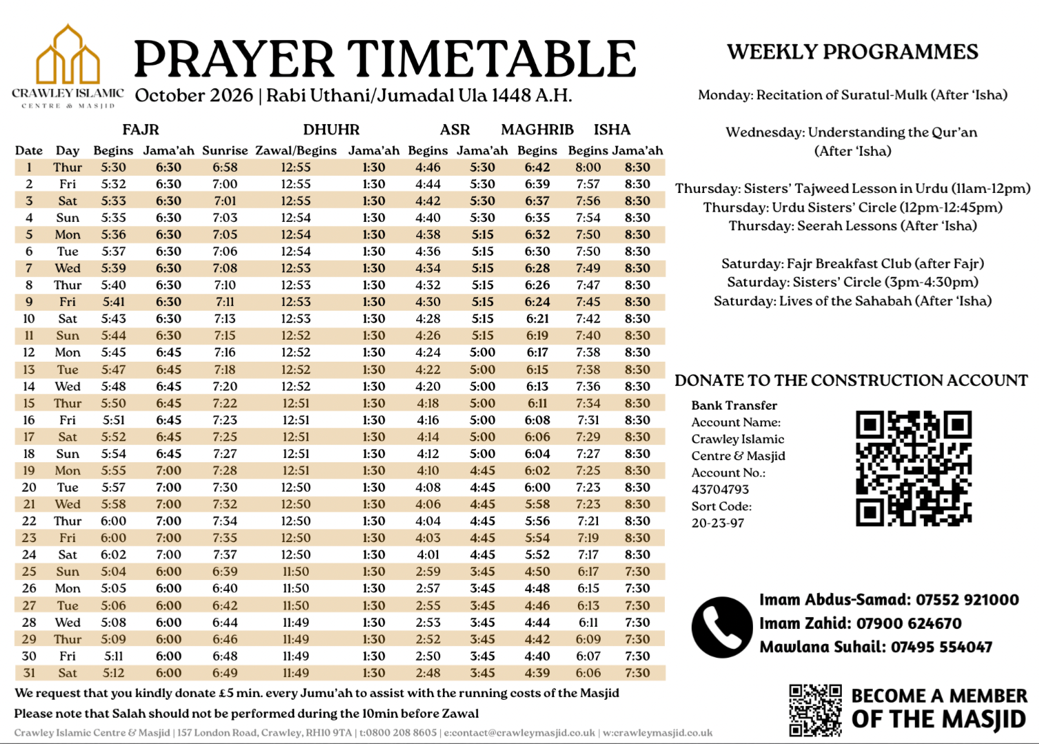 Timetable published by Crawley Masjid for October 2026