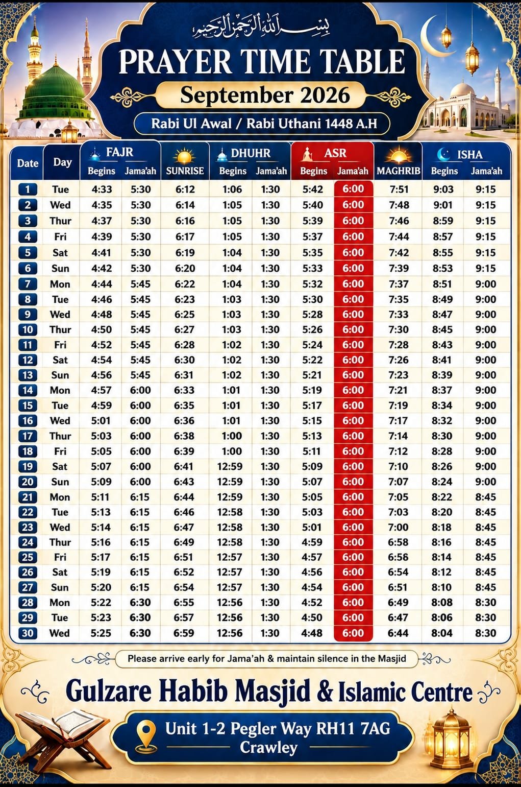 Timetable published by Gulzar-e-Habib Masjid & Islamic Centre for September 2026