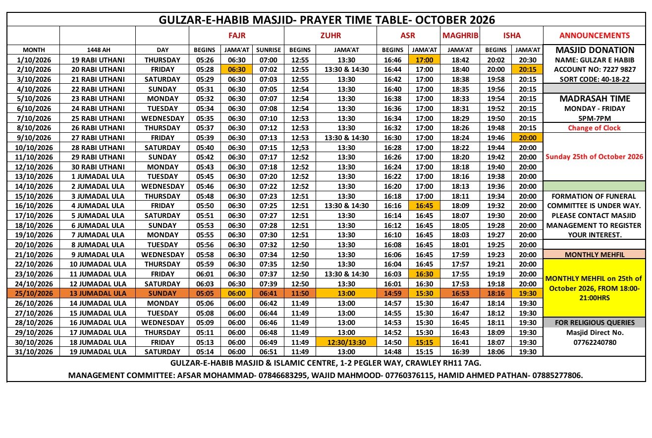 Timetable published by Gulzar-e-Habib Masjid & Islamic Centre for October 2026