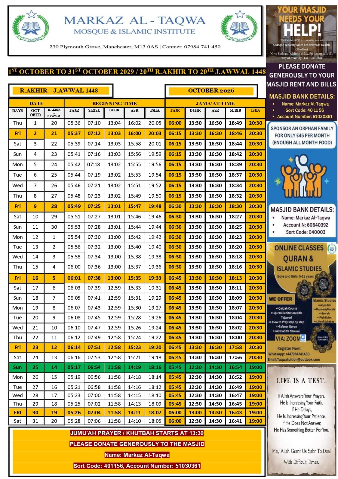 Timetable published by Markaz Al-Taqwa Mosque for October 2026
