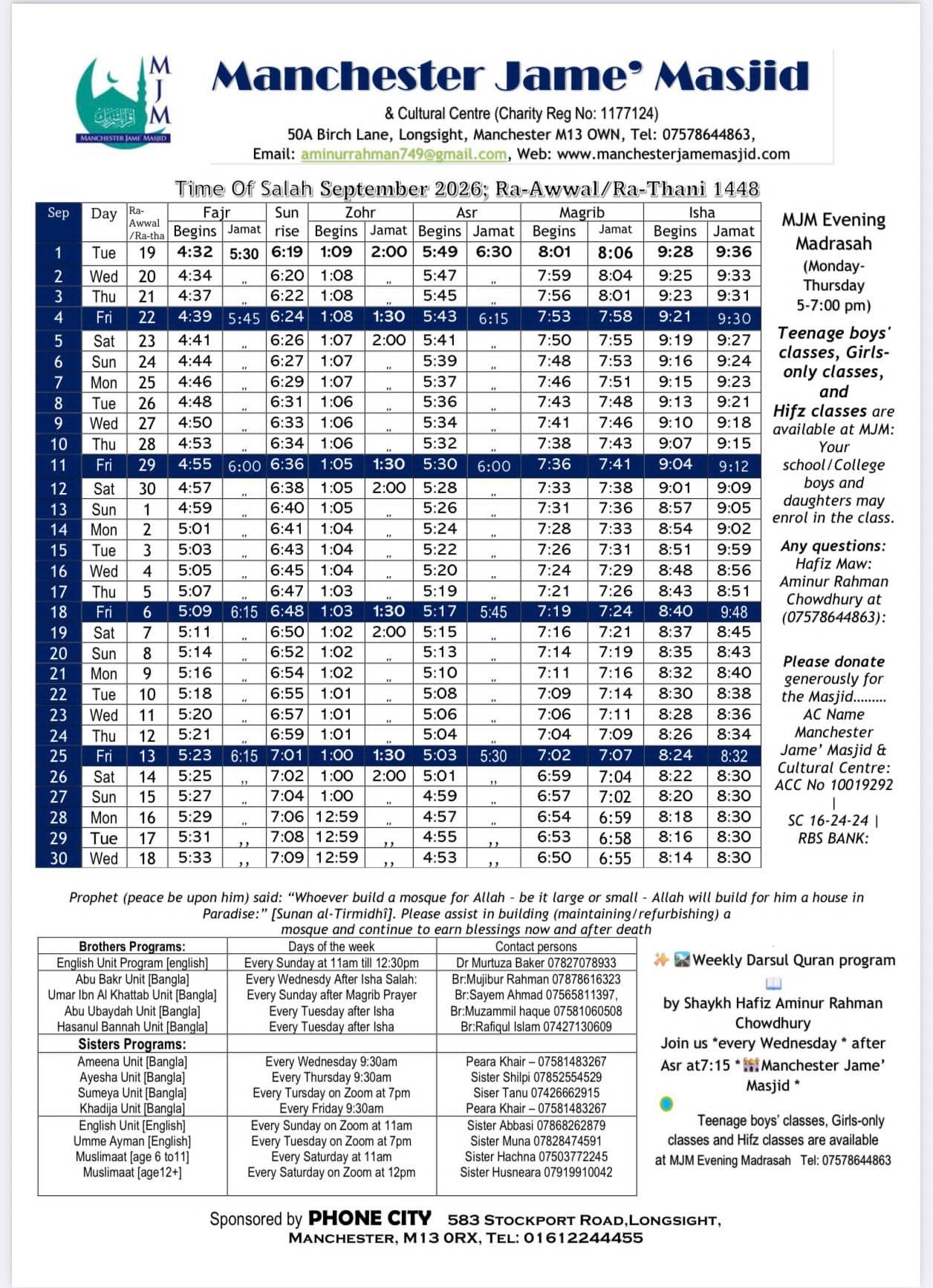 Timetable published by Manchester Jame' Masjid for September 2026